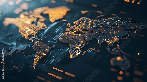 A close-up view of a microelectronic circuit with a world map design on its surface, symbolizing global connectivity and integration in the technology industry