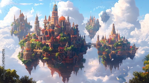 A stunning fantasy world with several floating cities in the clouds, with intricate details and a touch of magic. #976344776