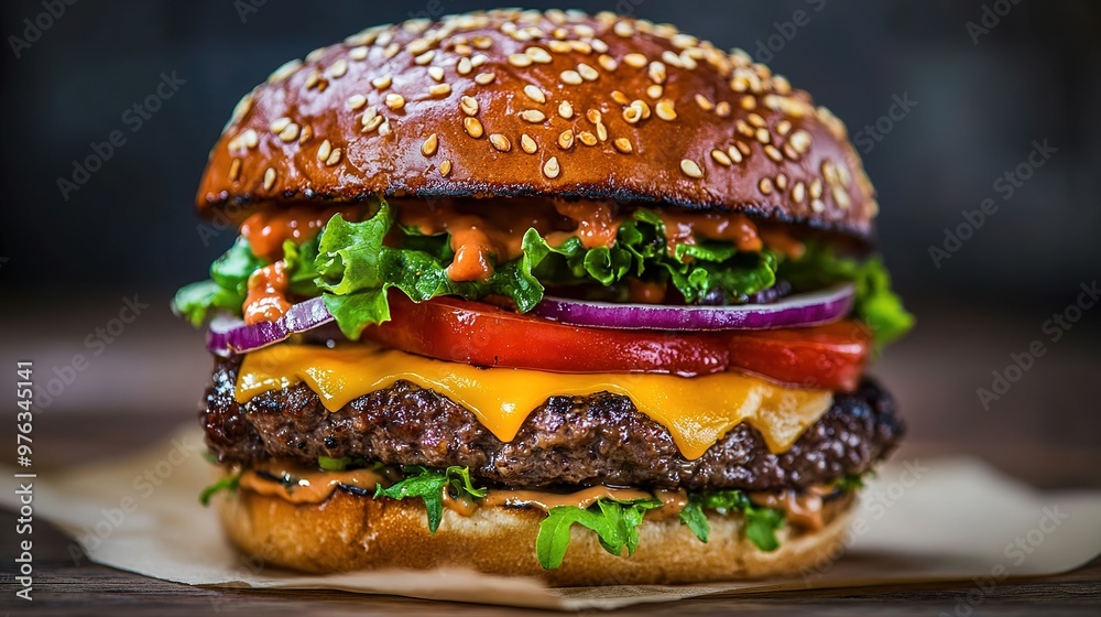 A mouthwatering fast food burger with layers of beef, cheese, and fresh vegetables A mouthwatering fast food burger with layers of beef, cheese, and fresh vegetables