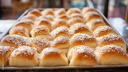 A full tray of fresh Pagace traditional Eastern European salty buns - Pogace photo