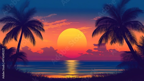 Sunset over the ocean with palm trees.