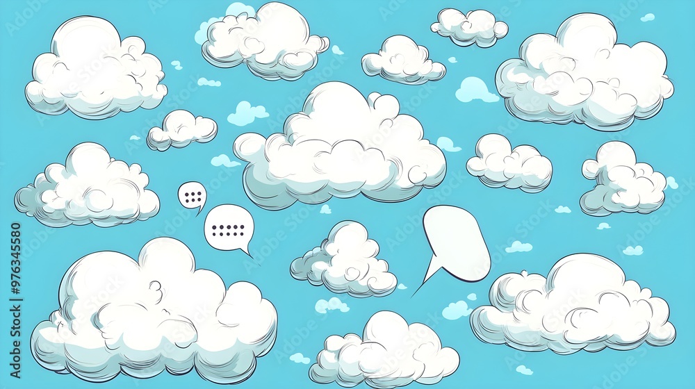A set of cartoonish clouds with speech bubbles. The clouds are drawn in a variety of sizes and shapes, and the speech bubbles are scattered throughout the scene A set of cartoonish clouds with speech bubbles. The clouds are drawn in a variety of sizes and shapes, and the speech bubbles are scattered throughout the scene