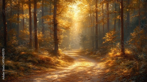 Serene forest path illuminated by warm autumn light.