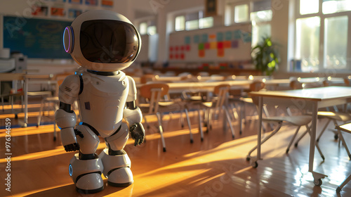 Robot standing in sunlit classroom on a quiet school day. Generative by AI