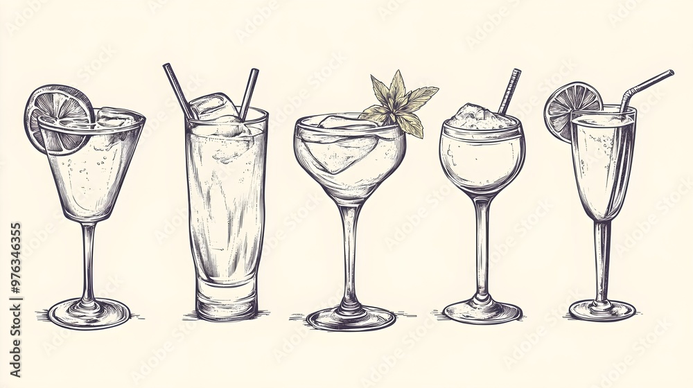 Cocktails alcoholic daiquiri, old fashioned, manhattan, martini, sidecar glass hand drawn engraving vector illustration vintage style Cocktails alcoholic daiquiri, old fashioned, manhattan, martini, sidecar glass hand drawn engraving vector illustration vintage style