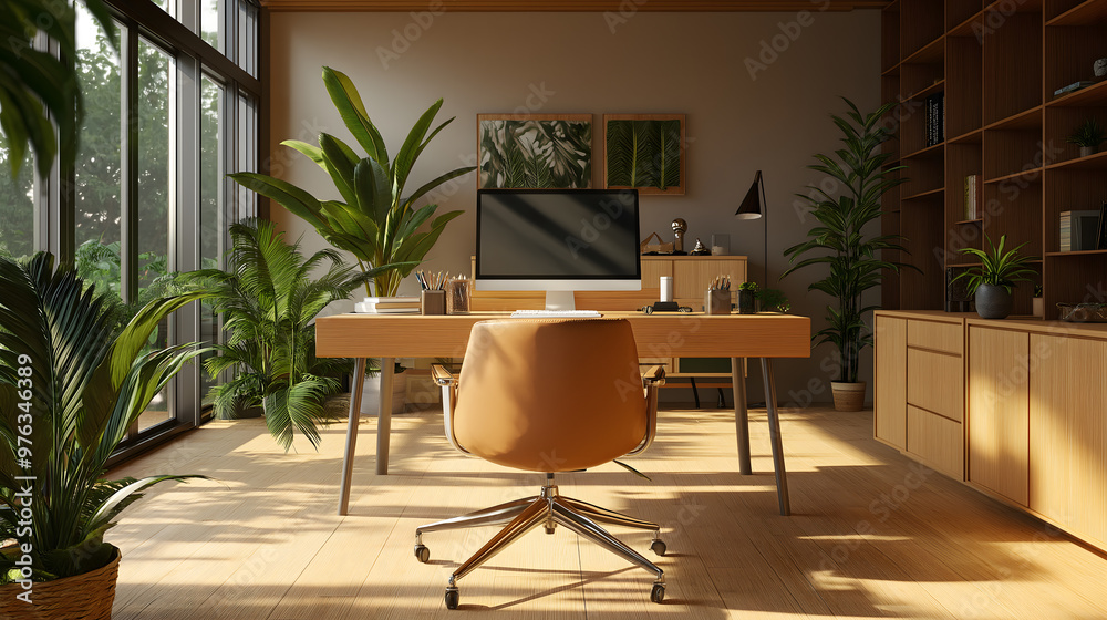 A modern minimalistic office working computer setup with sleek ergonomic furniture A modern minimalistic office working computer setup with sleek ergonomic furniture