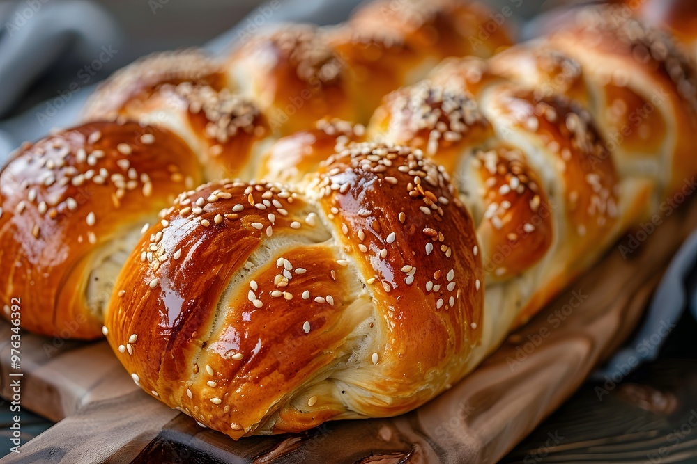 Freshly Baked Sesame Seed Braided Bread on a Wooden Board Freshly Baked Sesame Seed Braided Bread on a Wooden Board