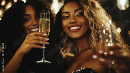 Friends celebrating with champagne at a cozy evening gathering