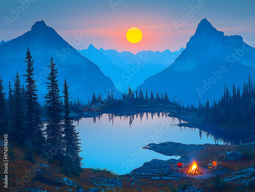 A peaceful lakeside camping scene at dusk with a tent and fireplace under the mountains, camping in the wilderness