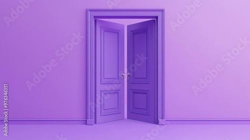 3D render of a violet double door wide open representing an architectural or interior element Isolated on a lilac background symbolizing an entrance metaphor