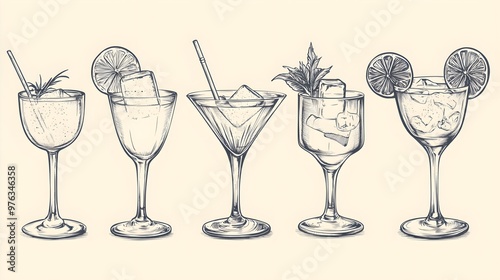 Cocktails alcoholic daiquiri, old fashioned, manhattan, martini, sidecar glass hand drawn engraving vector illustration vintage style photo