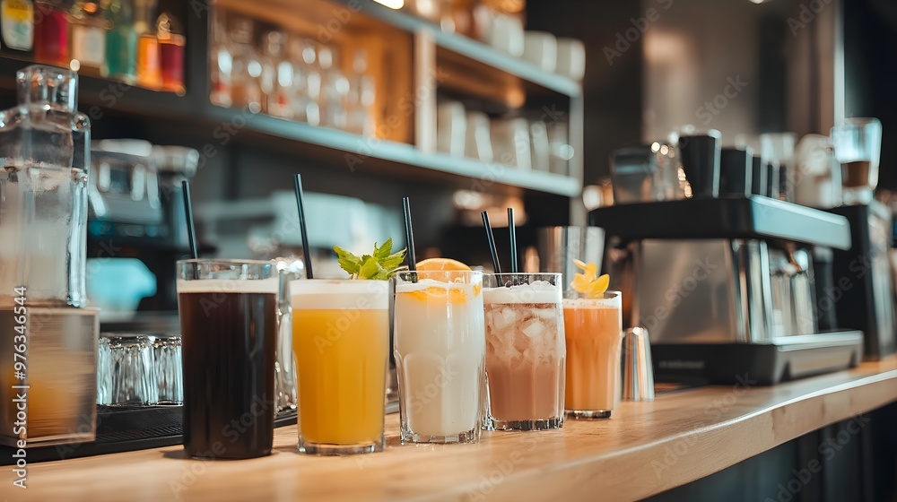 Different beverages on bar counter in modern cafe Different beverages on bar counter in modern cafe
