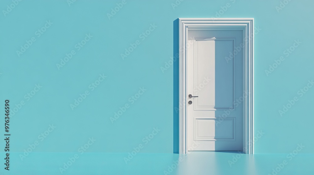 3D render of an open door isolated on a blue background representing an architectural design element and opportunity metaphor in a modern minimalistic concept 3D render of an open door isolated on a blue background representing an architectural design element and opportunity metaphor in a modern minimalistic concept