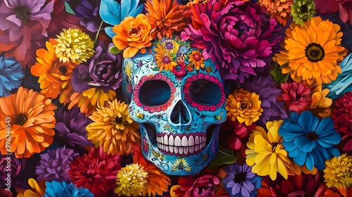 Dia de Muertos themed artwork featuring a vibrant skull adorned with flowers