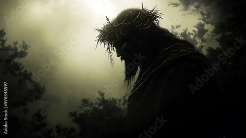 A dark abstract image depicting the silhouette of Jesus Christ of Nazareth, wallpaper background