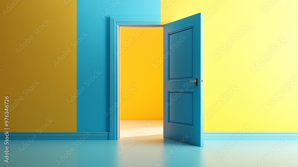3D render of an open door with a yellow and blue background representing room interior design and an opportunity metaphor in a modern minimalist concept 3D render of an open door with a yellow and blue background representing room interior design and an opportunity metaphor in a modern minimalist concept