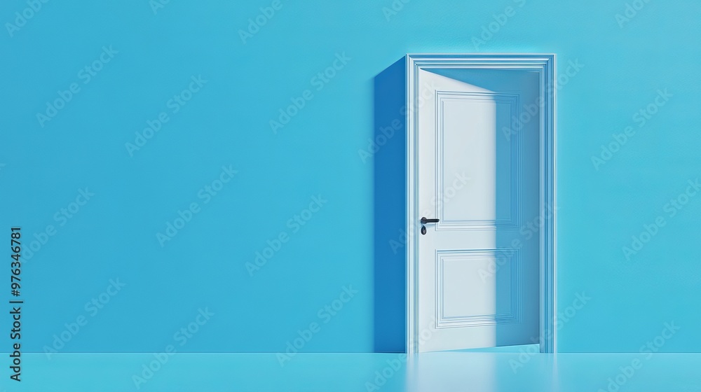 3D render of an open door isolated on a blue background representing an architectural design element and opportunity metaphor in a modern minimalistic concept 3D render of an open door isolated on a blue background representing an architectural design element and opportunity metaphor in a modern minimalistic concept