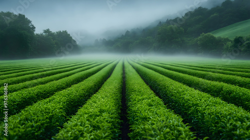 Matcha green tea fields plantation in the early morning, photograph