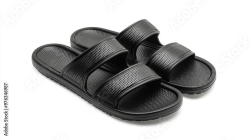 Basic black slip-on sandals, open-toe design, shown isolated on a white background, perfect for men, women, or children