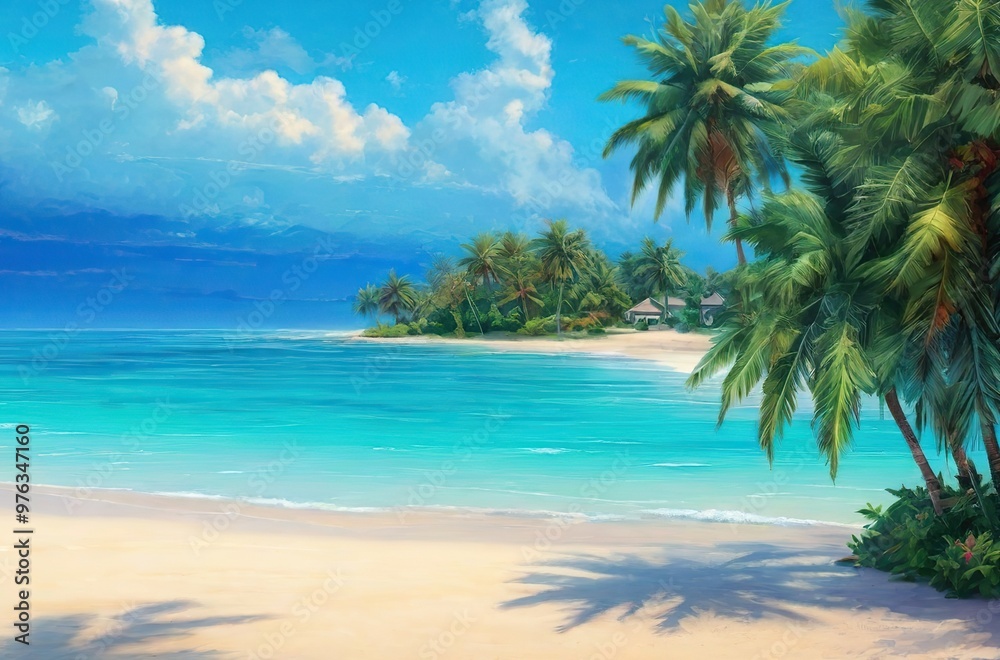 Summer paradise: beach with palm tree and white sand Summer paradise: beach with palm tree and white sand