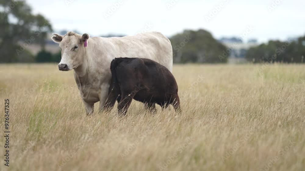 beautiful cattle in Australia eating grass, grazing on pasture. Herd of cows free range beef being regenerative raised on an agricultural farm. Sustainable farming beautiful cattle in Australia eating grass, grazing on pasture. Herd of cows free range beef being regenerative raised on an agricultural farm. Sustainable farming