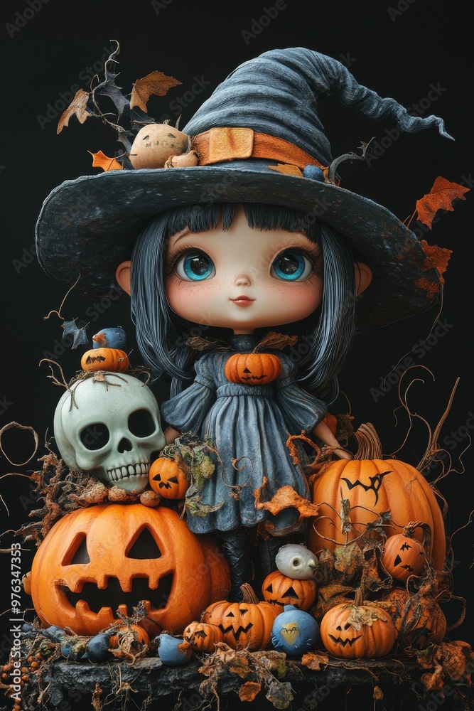 Cute Halloween Witches with Glowing Pumpkins and Autumn Leaves Cute Halloween Witches with Glowing Pumpkins and Autumn Leaves