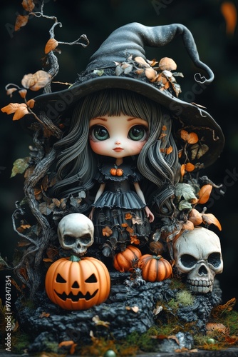 Cute Halloween Witches with Glowing Pumpkins and Autumn Leaves