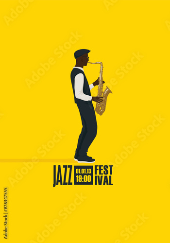 vector poster for jazz live music festival with drawing of saxophonist with saxophone in retro style. Music banner, flyer, invitation and ticket