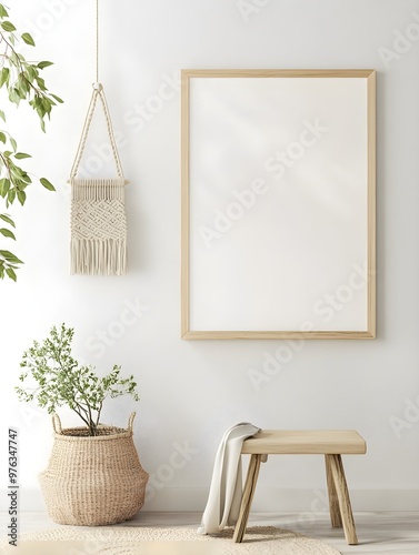 Interior poster mockup with vertical wooden frame on empty white wall decorated with plant branch and hanging macrame pot. A4, A3 size format. 3D rendering, illustration
