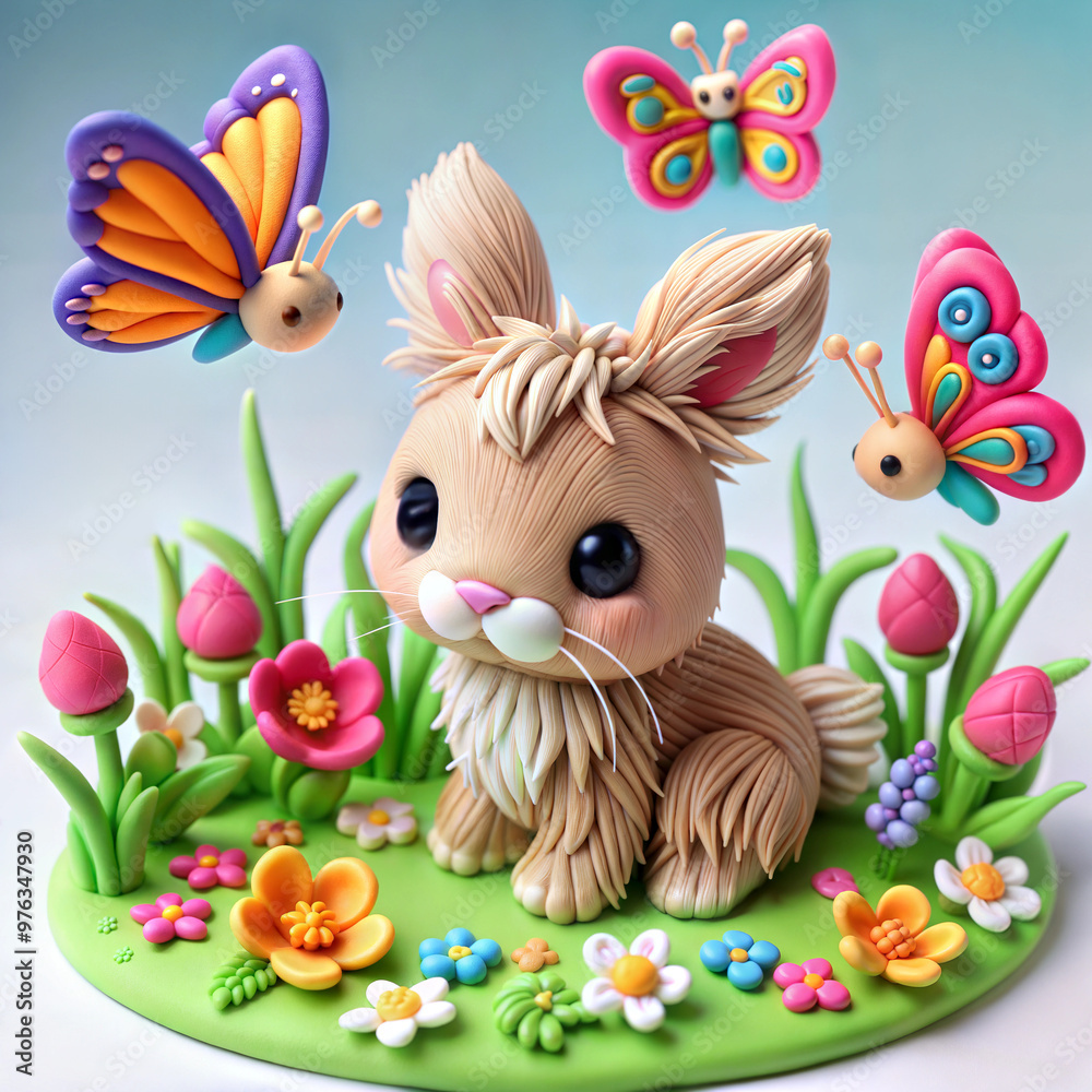 Obraz premium Adorable 3D Polymer Clay Bunny with Colorful Butterflies and Flowers, Isolated on White Background