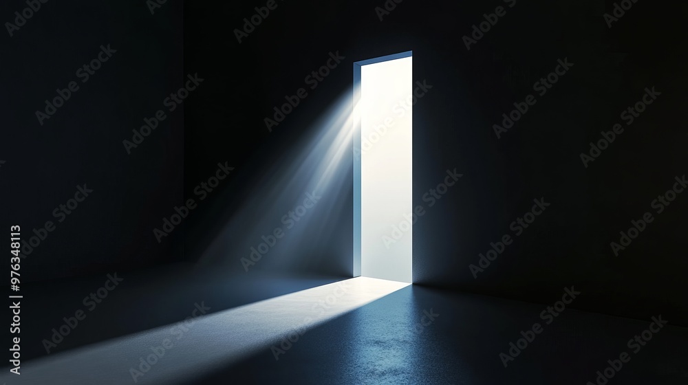 3D render of light shining through an open door into a dark room filling the space with bright white light 3D render of light shining through an open door into a dark room filling the space with bright white light