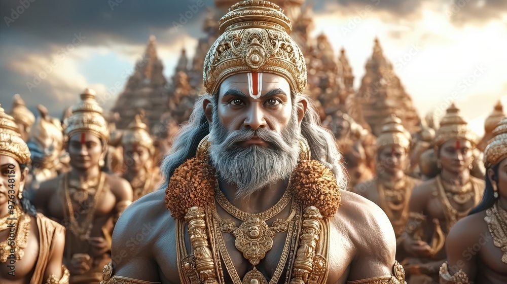 Capture a mystical, photorealistic scene of Hindu gods in a low-angle view, highlighting Rama in his divine avatar Capture a mystical, photorealistic scene of Hindu gods in a low-angle view, highlighting Rama in his divine avatar