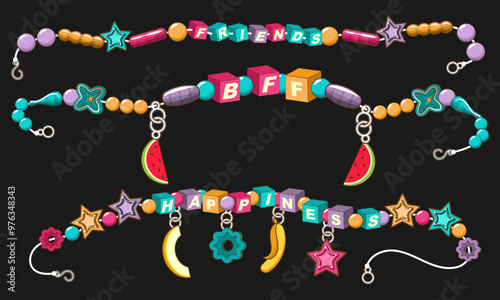 Three original wrist jewelry with motivational inscriptions and various colored beads for girls. Dark background. Vector set
