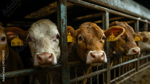 Factory-farmed cows in small cages symbolize animal abuse in cow factory farms, factory farming