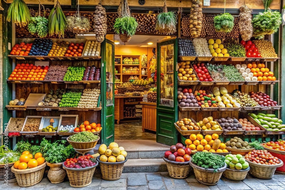 Fototapeta premium Vibrant street market stall brimming with fresh, colorful fruits and vegetables neatly displayed in wooden crates and baskets on a cobblestone pavement, a European urban setting