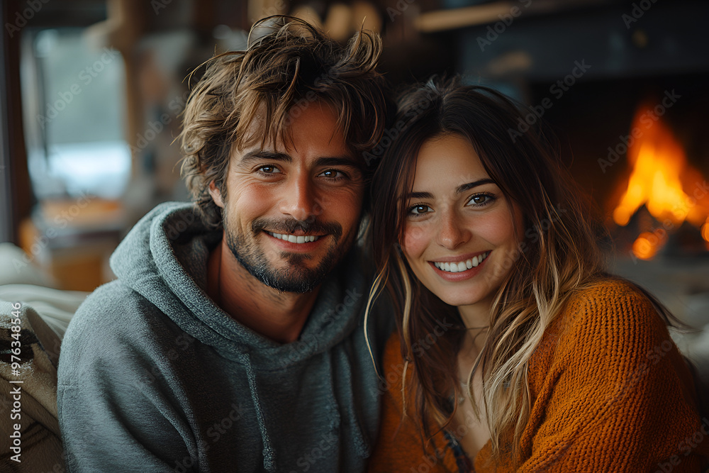 A close-up portrait of a couples, a man and a woman, sitting in a cozy living room, smiling as they enjoy a conversation. Both are in casual clothes, with a fireplace behind. A close-up portrait of a couples, a man and a woman, sitting in a cozy living room, smiling as they enjoy a conversation. Both are in casual clothes, with a fireplace behind.