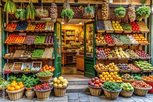 Vibrant street market stall brimming with fresh, colorful fruits and vegetables neatly displayed in wooden crates and baskets on a cobblestone pavement, a European urban setting