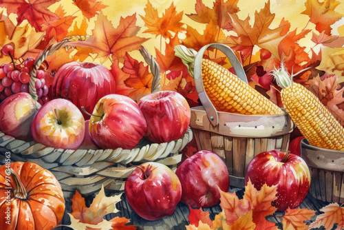 Watercolor illustration of a harvest festival scene with baskets of apples, pumpkins, and corn, surrounded by autumn leaves