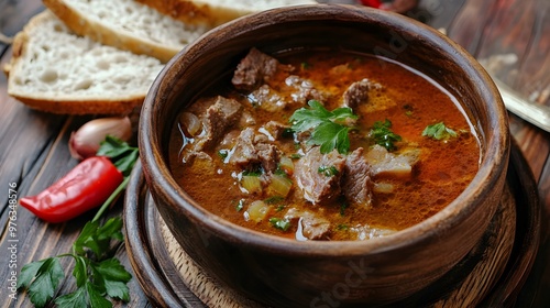 Tasty soup or stew made of beef tripe and spices. Spicy and aromatic tripe soup seasoned with pepper and served with bread  photo