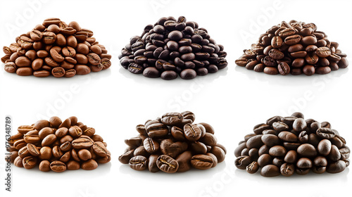 Set of coffee beans isolated on a white background, piles of coffee beans