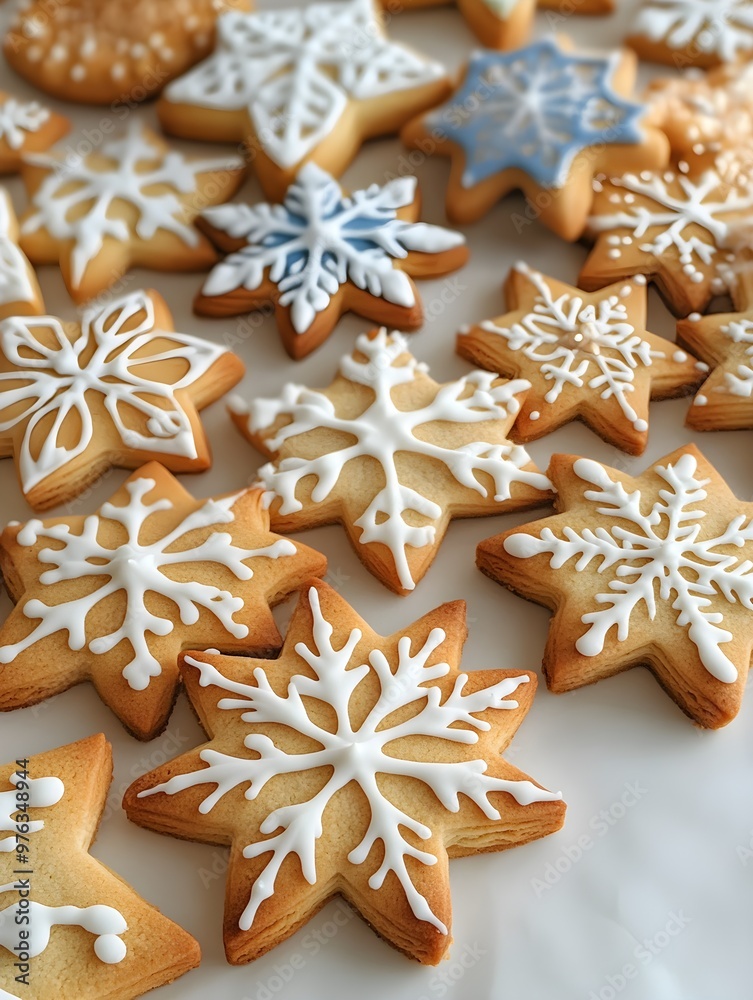 variety of snowflake cookies. The cookies are decorated with icing and some have a star on them. Concept of warmth and festivity variety of snowflake cookies. The cookies are decorated with icing and some have a star on them. Concept of warmth and festivity