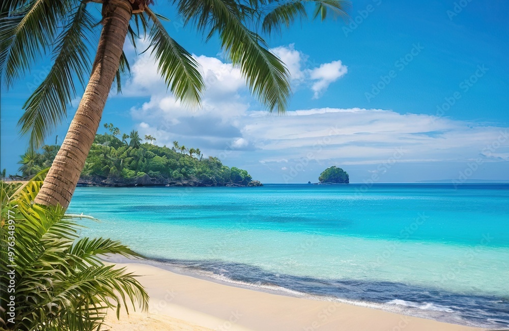 Obraz premium Tropical beach with white sand, turquoise water and palm trees, summer bright sunshine