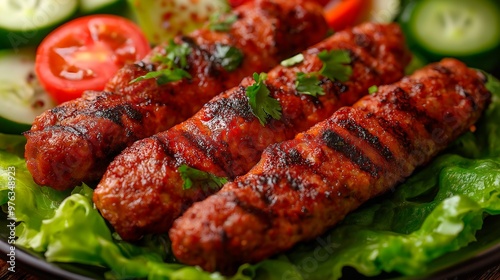 grilled kebab, grilled sausages on the grill, close - up.