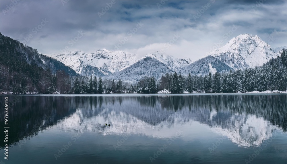 Snow-capped peaks reflected in a tranquil alpine lake during winter Snow-capped peaks reflected in a tranquil alpine lake during winter