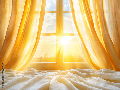 Curtain-framed bedroom window, soft morning light filtering through, offering a glimpse of the outdoors symbolizing waking up in the morning