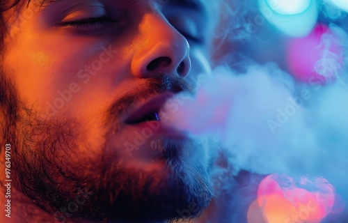 A man surrounded by colorful smoke enjoying a moment of contemplation in a dimly lit setting during the evening hours photo