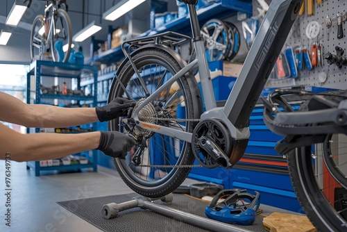 Repairing an e-bike. Urban cyclist maintaining and servicing an electric bicycle with modern tools. Ensuring optimal performance and efficient operation for a smooth ride in the city. 