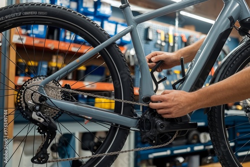 Repairing an e-bike. Urban cyclist maintaining and servicing an electric bicycle with modern tools. Ensuring optimal performance and efficient operation for a smooth ride in the city or on the mountai