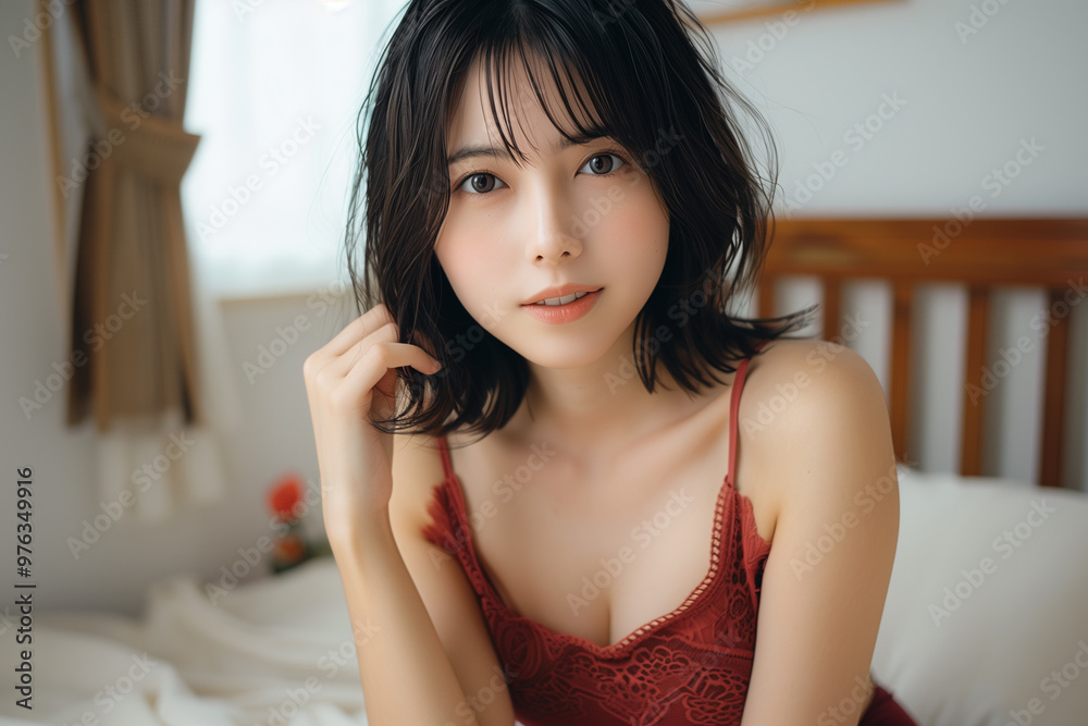 セクシーな赤いランジェリー姿の女性