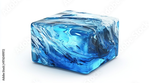 Blue ice cube isolated on a white background in a 3D illustration